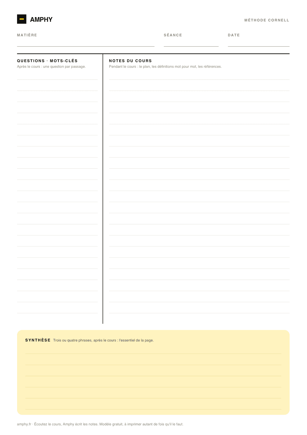 Aperçu du modèle de fiche Cornell Amphy : colonne de questions à gauche, notes du cours à droite, synthèse sur fond jaune en bas de page
